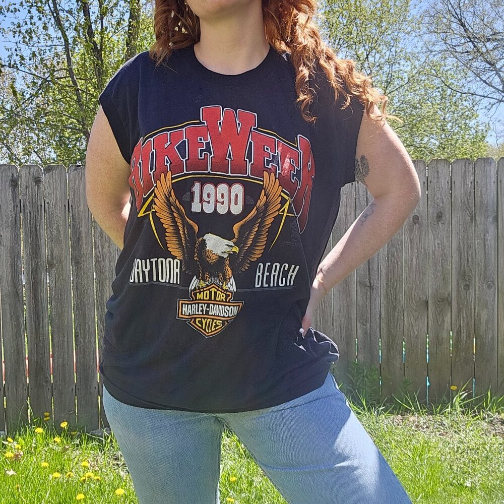 1990 Harley Davidson Daytona Beach Bike Week Bikercore Cut Off Sleeveless Tshirt